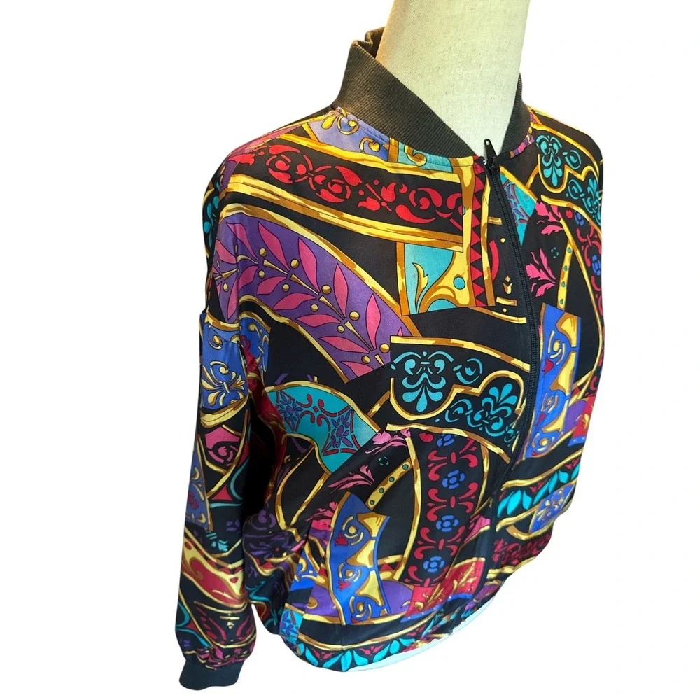 Vintage‎ 80s Silk Satin Bomber Jacket | Abstract Baroque Print | OSFM - Picture 7 of 12